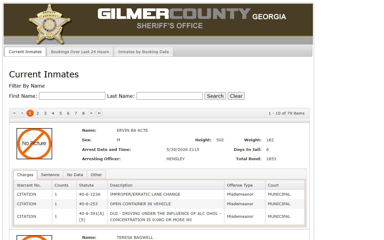 Gilmer County Adult Detention Center roster search fields